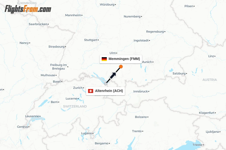 Flights from Altenrhein to Memmingen route map