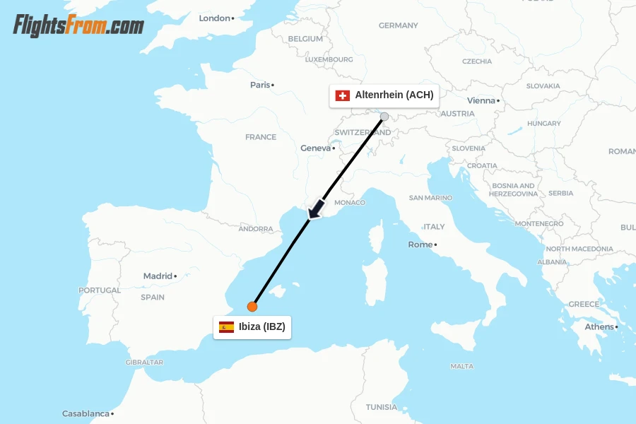 Flights from Altenrhein to Ibiza route map