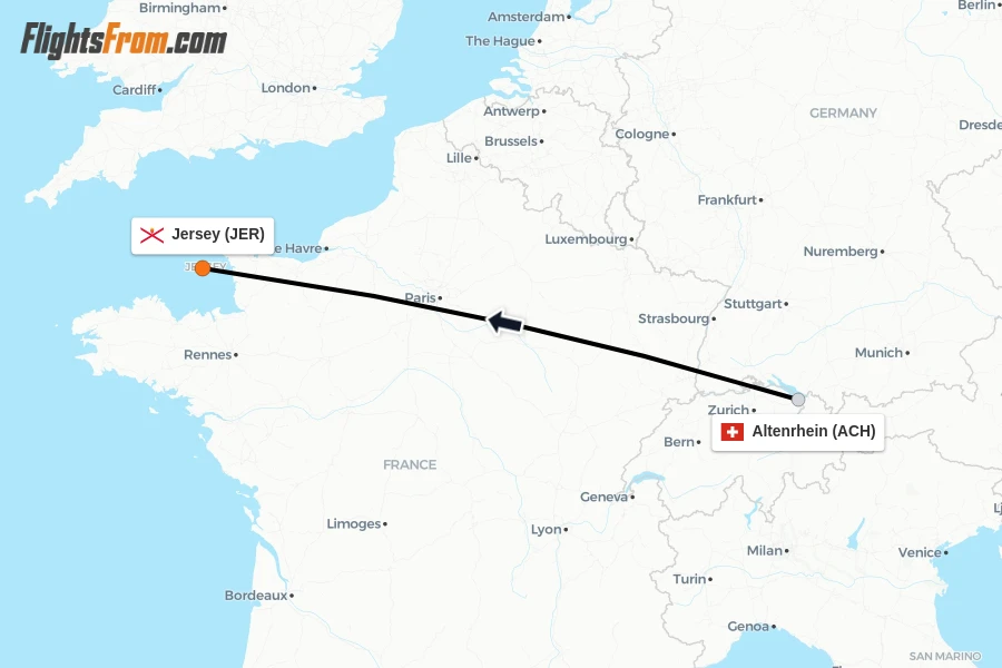 Flights from Altenrhein to Jersey route map