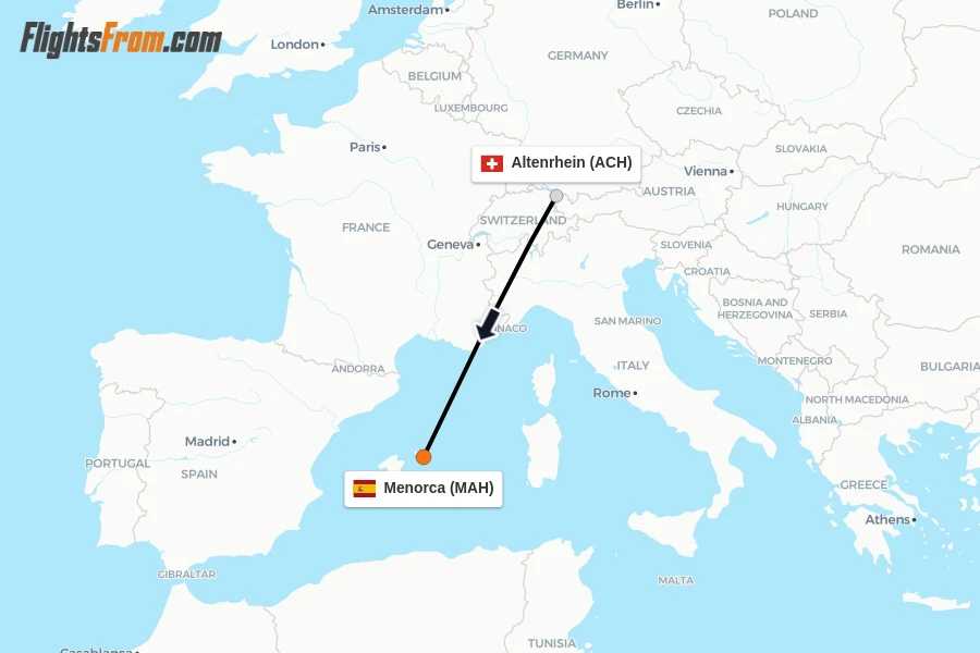 Flights from Altenrhein to Menorca route map