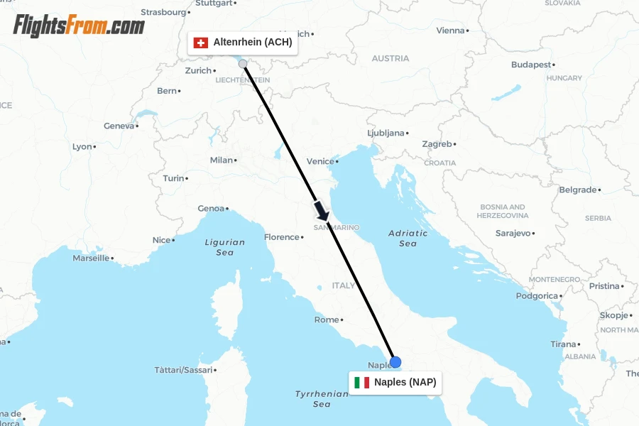Flights from Altenrhein to Naples route map