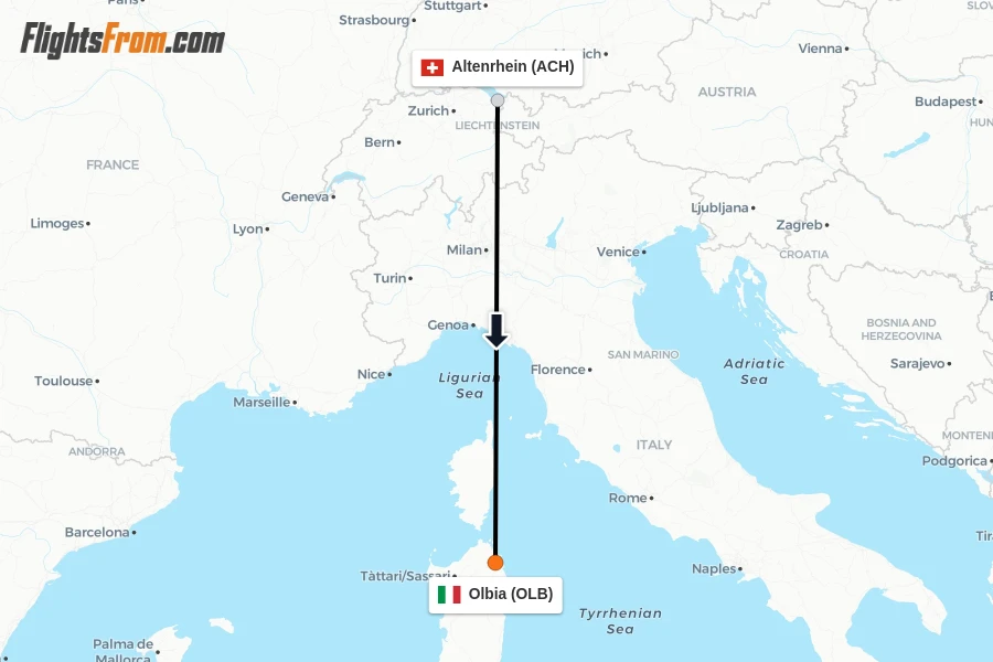 Flights from Altenrhein to Olbia route map