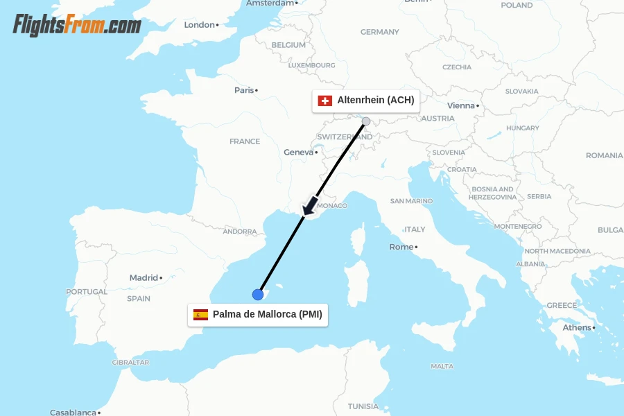Flights from Altenrhein to Palma de Mallorca route map