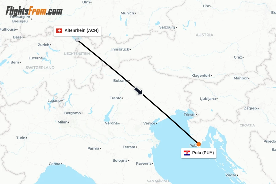 Flights from Altenrhein to Pula route map
