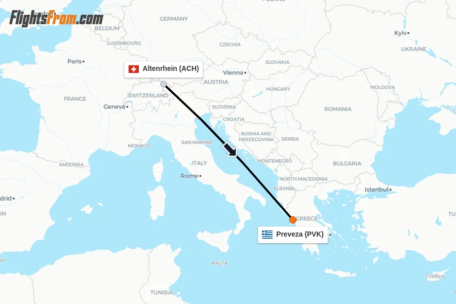 Flights from Altenrhein to Preveza route map
