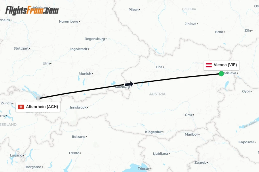 Flights from Altenrhein to Vienna route map