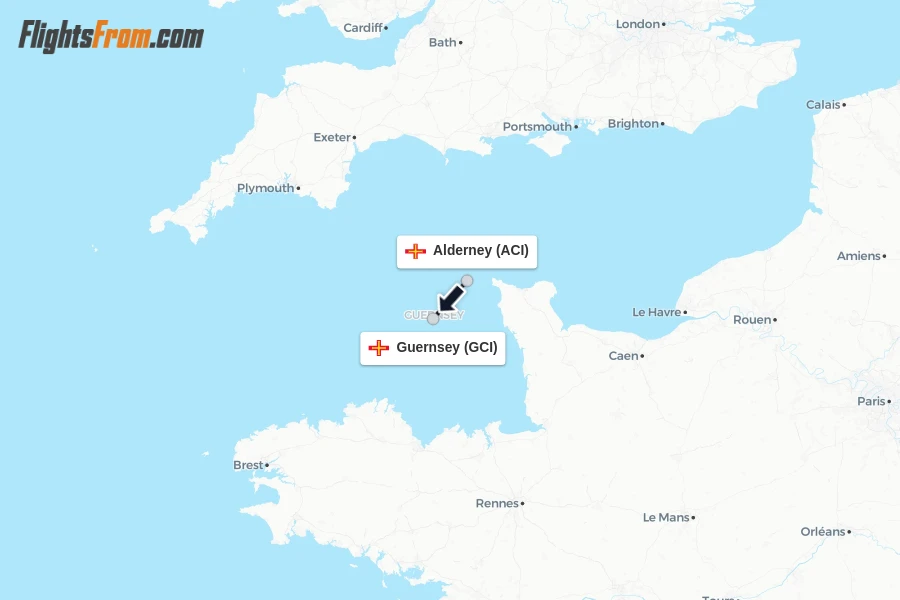 Flights from Alderney to Guernsey route map