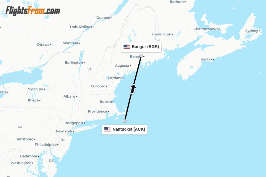 Flights from Nantucket to Bangor route map