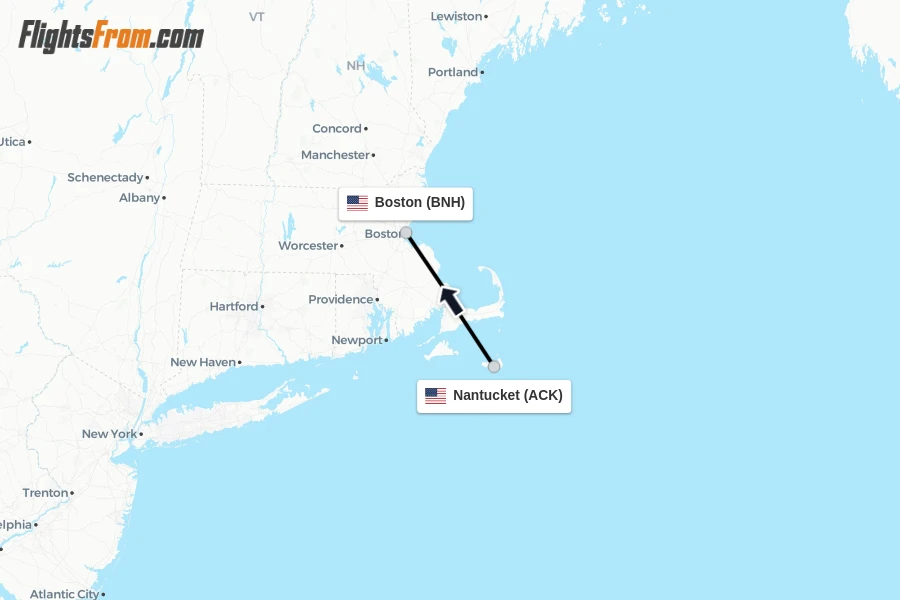 Flights from Nantucket to Boston route map