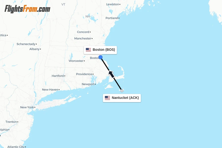 Flights from Nantucket to Boston route map