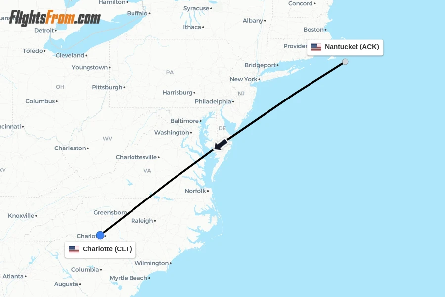 Flights from Nantucket to Charlotte route map