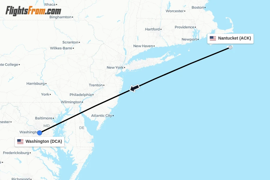 Flights from Nantucket to Washington route map