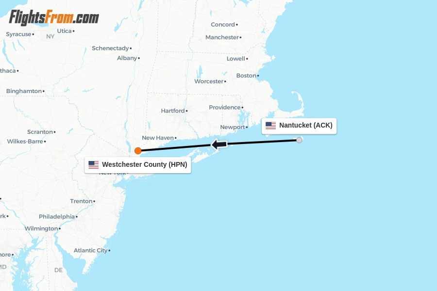 Flights from Nantucket to Westchester County route map