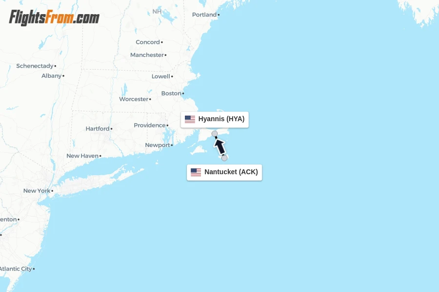 Flights from Nantucket to Hyannis route map