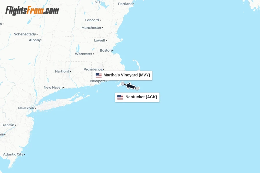 Flights from Nantucket to Martha's Vineyard route map