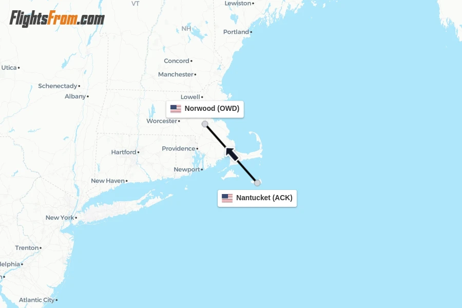 Flights from Nantucket to Norwood route map