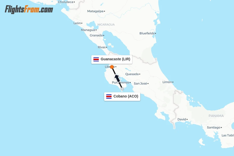 Flights from Cobano to Guanacaste route map