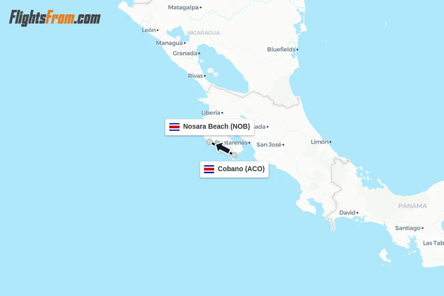 Flights from Cobano to Nosara Beach route map