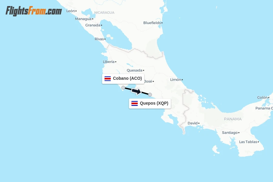 Flights from Cobano to Quepos route map