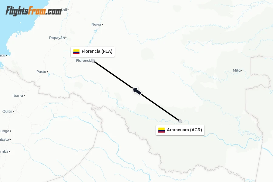 Flights from Araracuara to Florencia route map