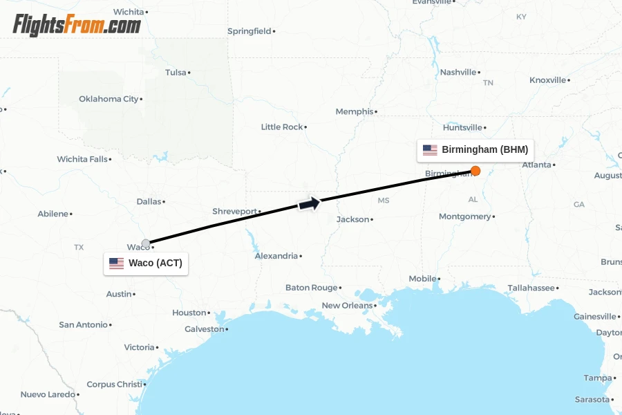 Flights from Waco to Birmingham route map