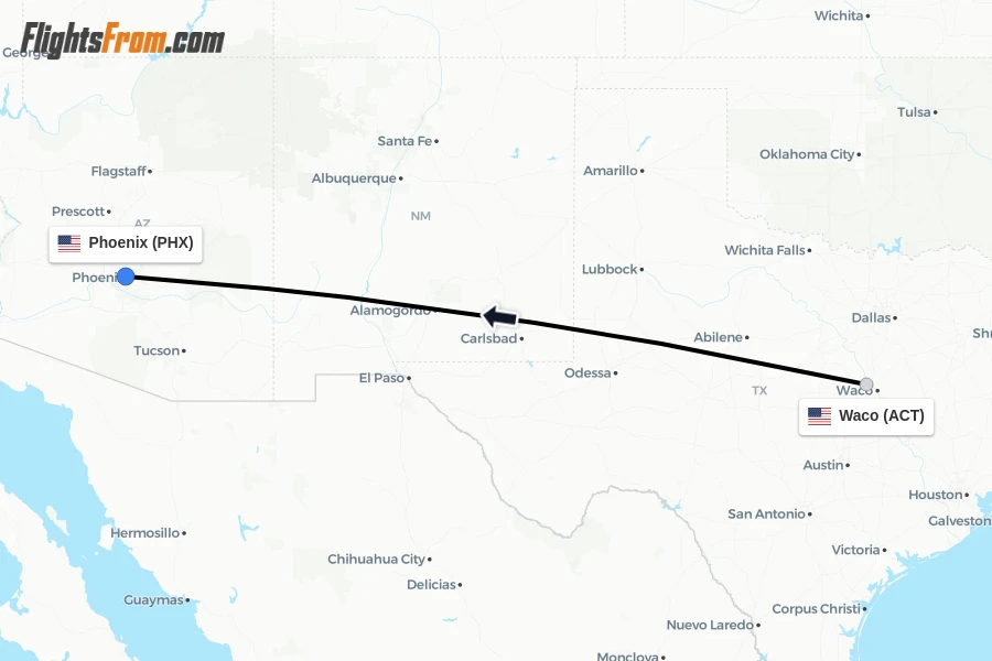 Flights from Waco to Phoenix route map