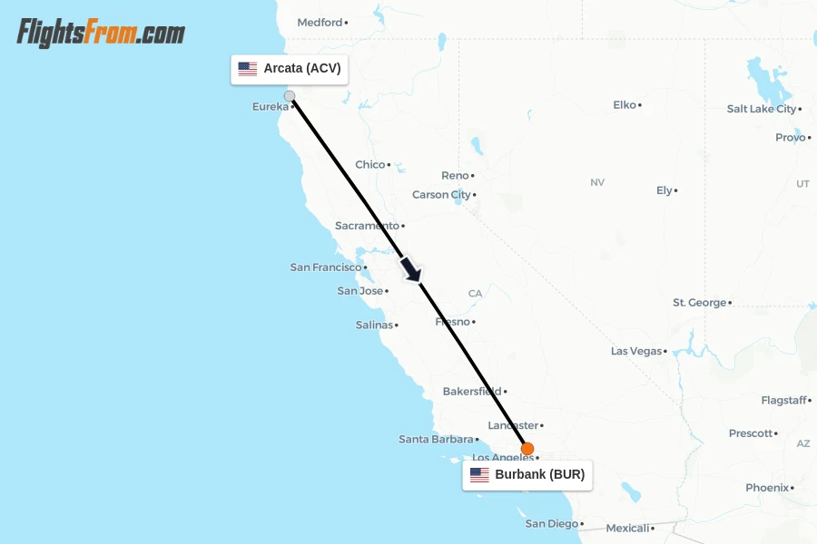 Flights from Arcata to Burbank route map