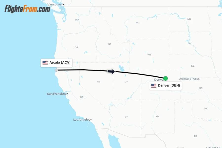 Flights from Arcata to Denver route map