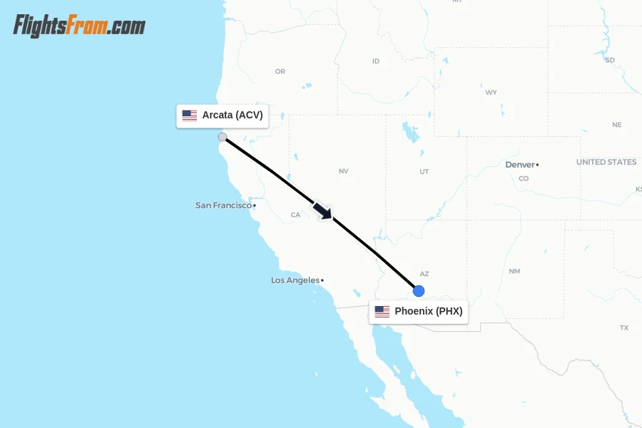 Flights from Arcata to Phoenix route map