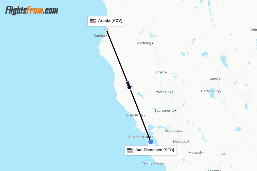 Flights from Arcata to San Francisco route map