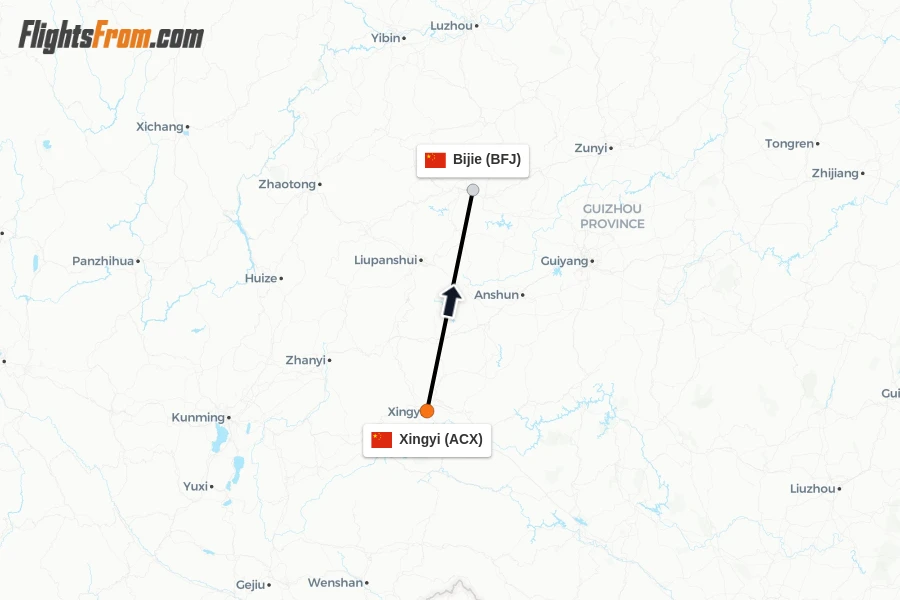 Flights from Xingyi to Bijie route map