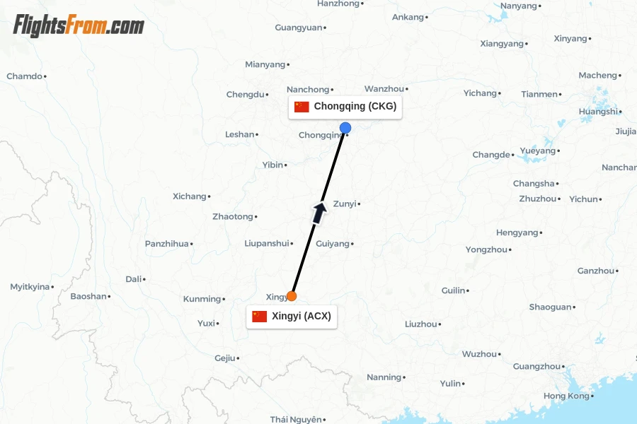Flights from Xingyi to Chongqing route map
