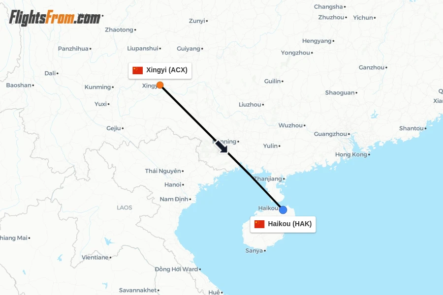 Flights from Xingyi to Haikou route map