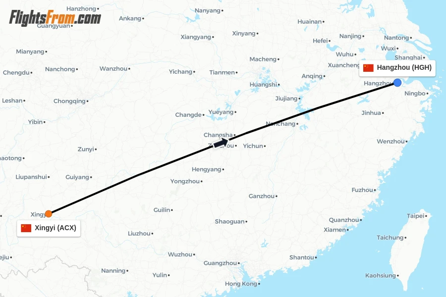 Flights from Xingyi to Hangzhou route map