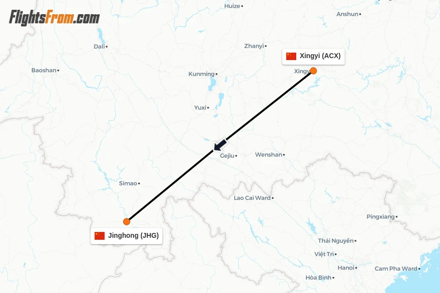 Flights from Xingyi to Jinghong route map