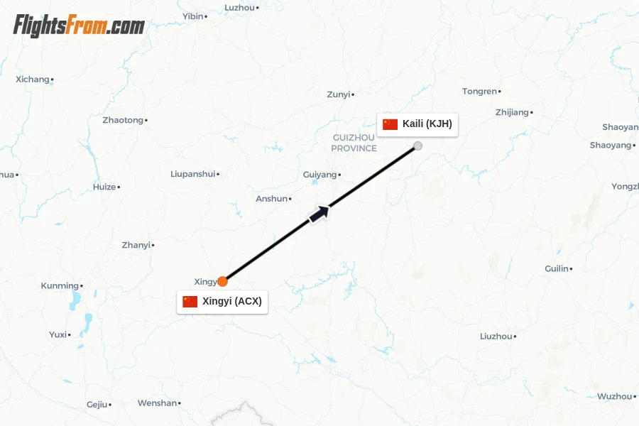 Flights from Xingyi to Kaili route map