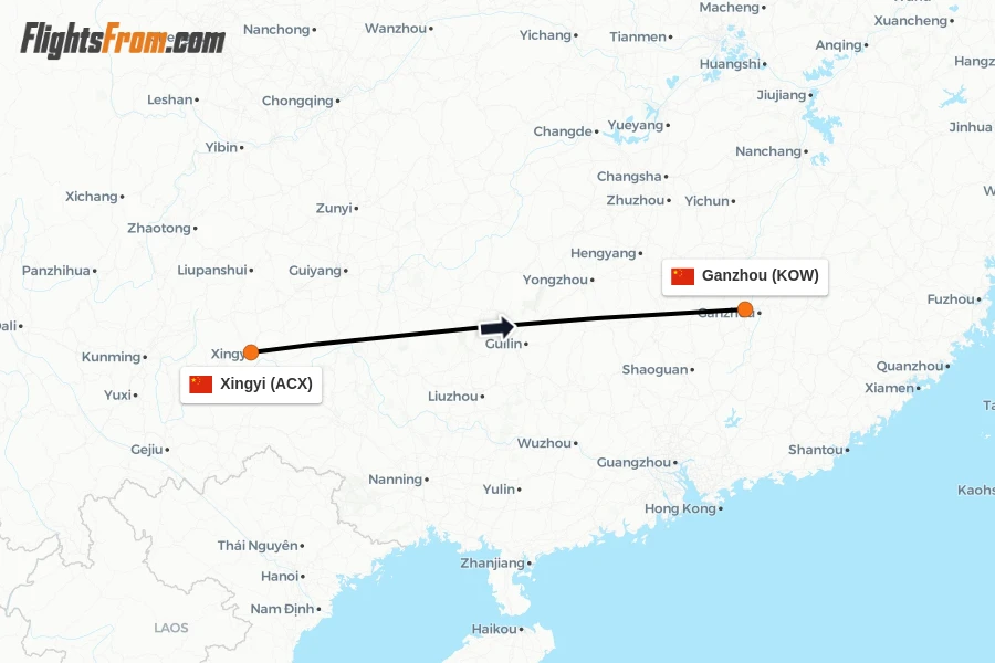 Flights from Xingyi to Ganzhou route map