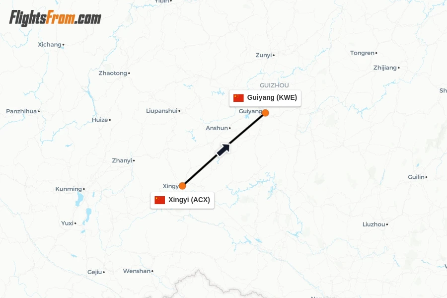 Flights from Xingyi to Guiyang route map