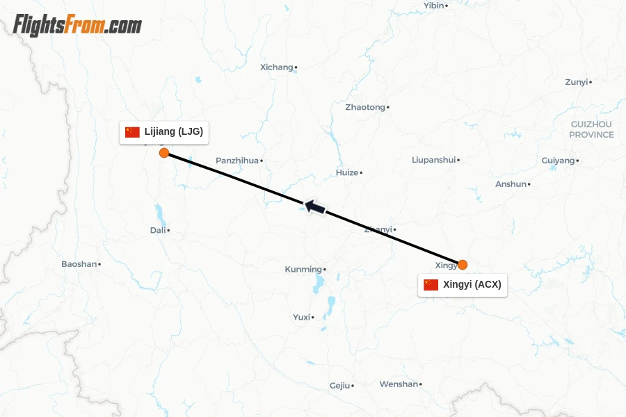 Flights from Xingyi to Lijiang route map