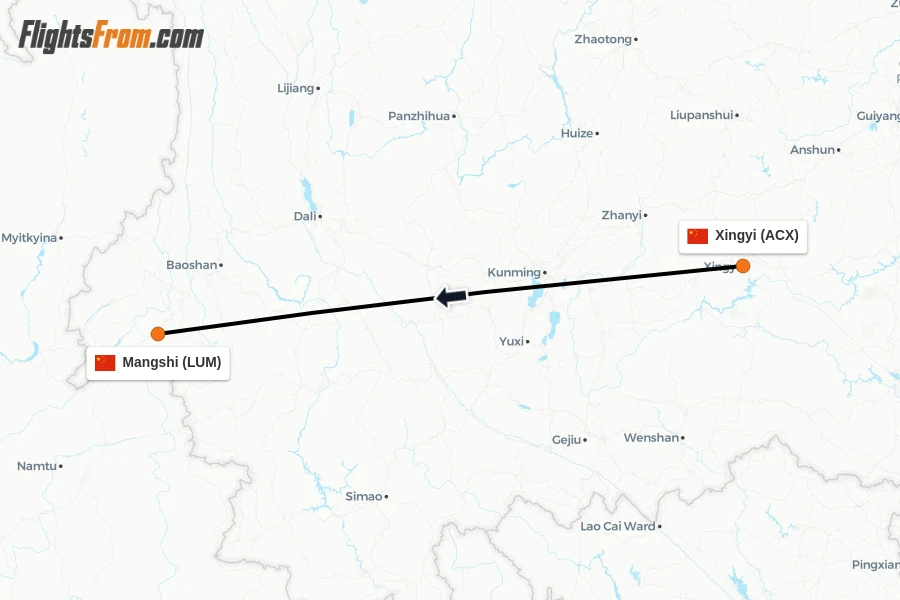 Flights from Xingyi to Mangshi route map