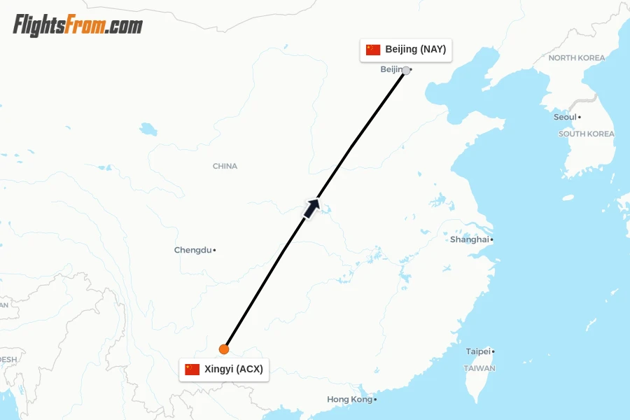 Flights from Xingyi to Beijing route map