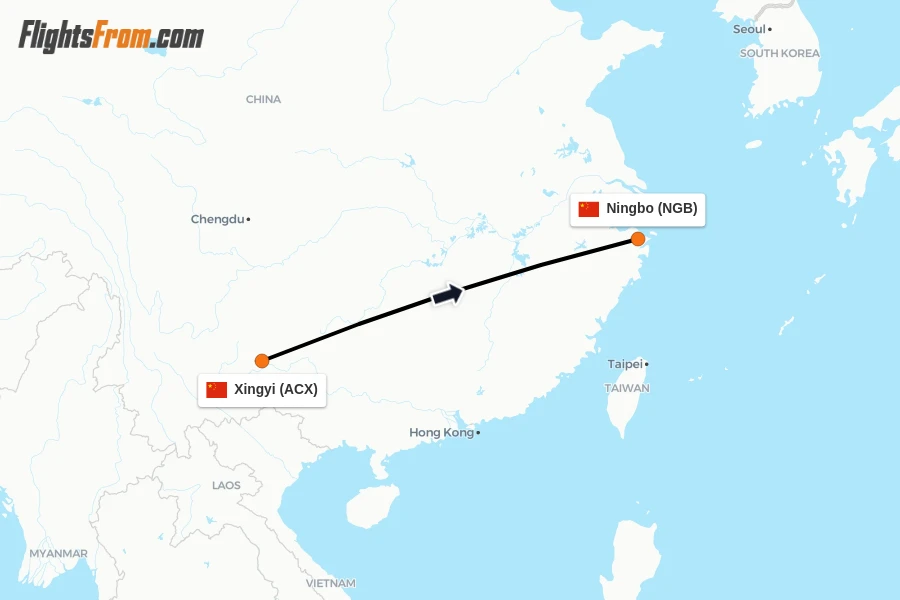 Flights from Xingyi to Ningbo route map
