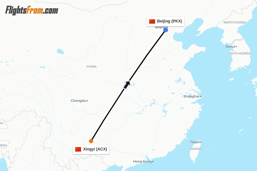 Flights from Xingyi to Beijing route map