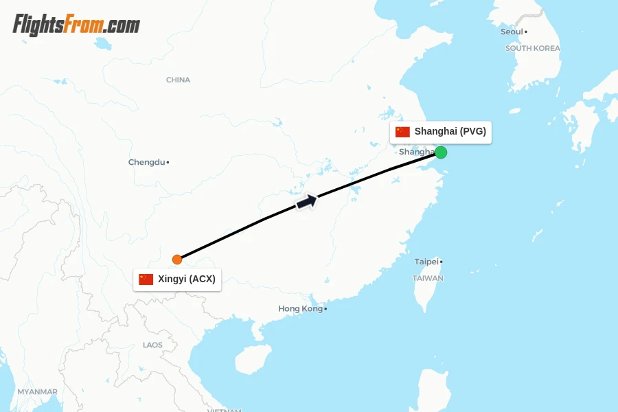Flights from Xingyi to Shanghai route map