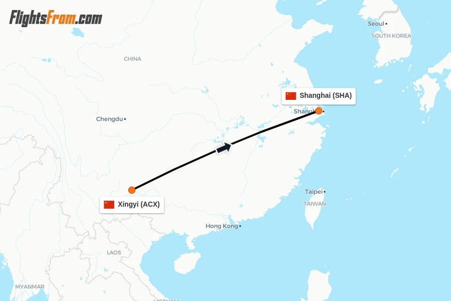 Flights from Xingyi to Shanghai route map