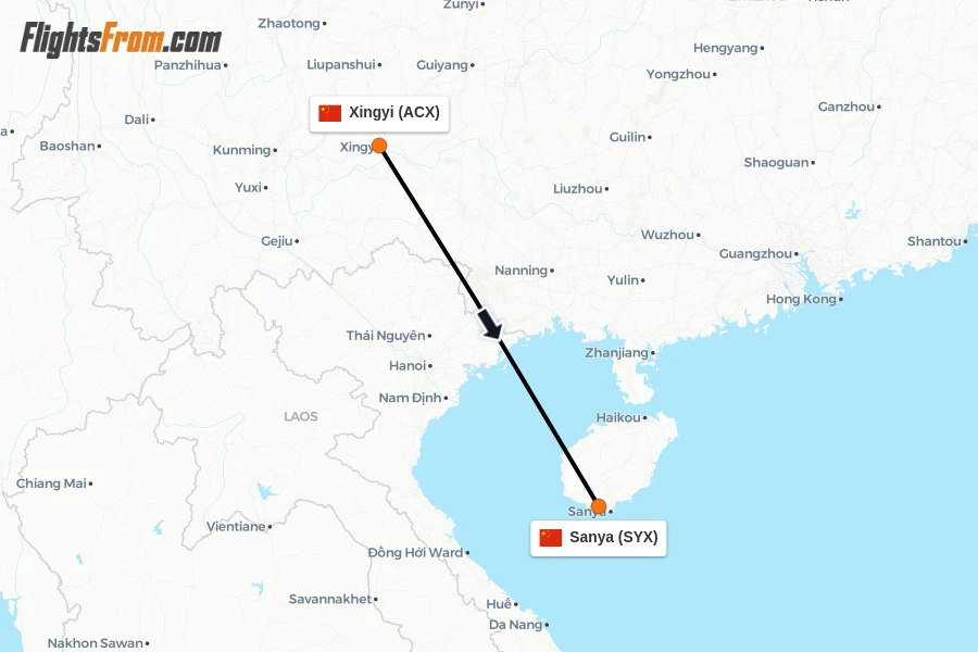 Flights from Xingyi to Sanya route map