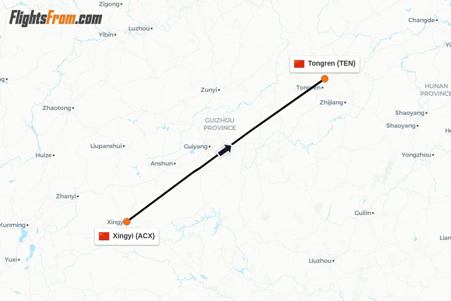 Flights from Xingyi to Tongren route map