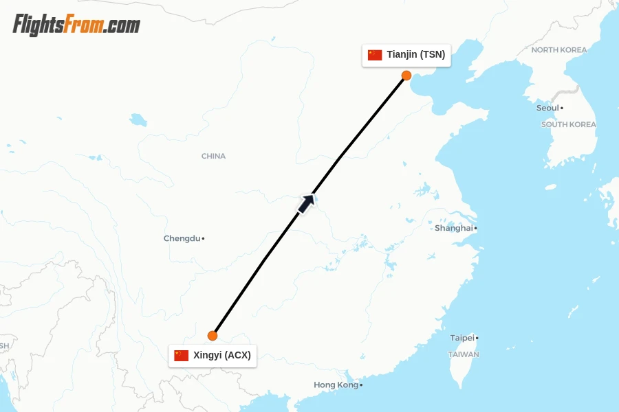 Flights from Xingyi to Tianjin route map