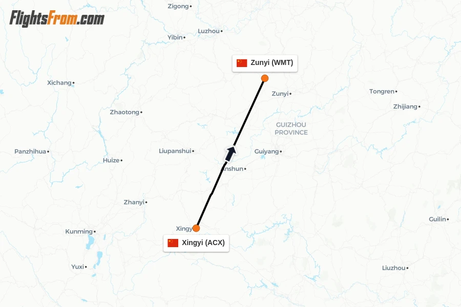 Flights from Xingyi to Zunyi route map