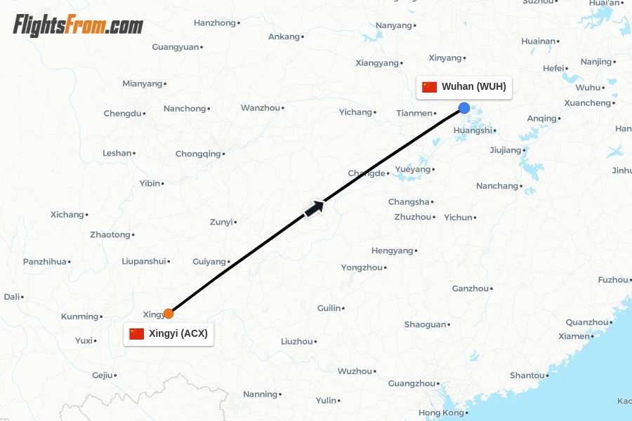Flights from Xingyi to Wuhan route map